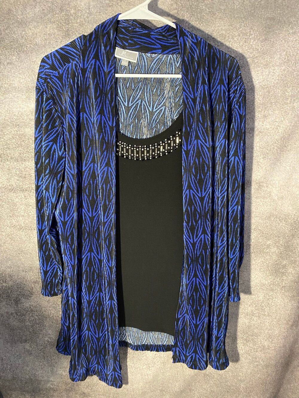 JM Collection Plisse 2Pc Set Size L Blue Black Open Front Cardigan Beaded Tank